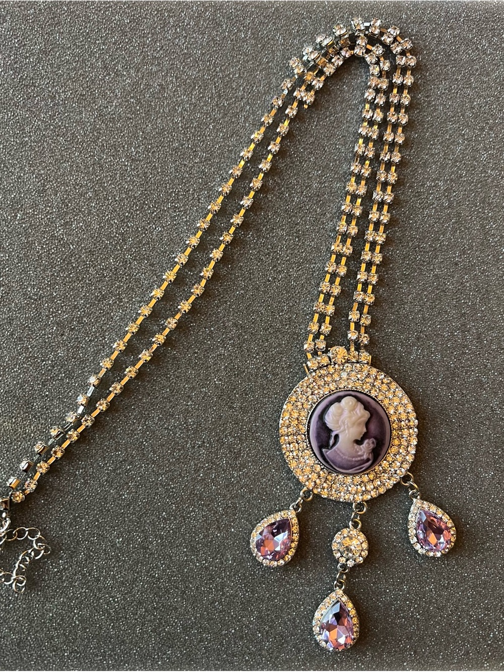 Vintage Style Cameo Necklace Purple Rhinestones
